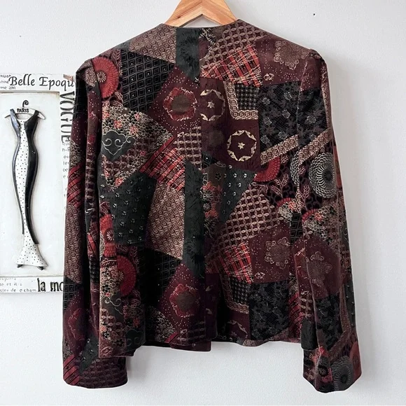 Vintage 70s Bohemian Hippie Patchwork Tapestry Velvet Jacket Size 14 - Picture 6 of 10